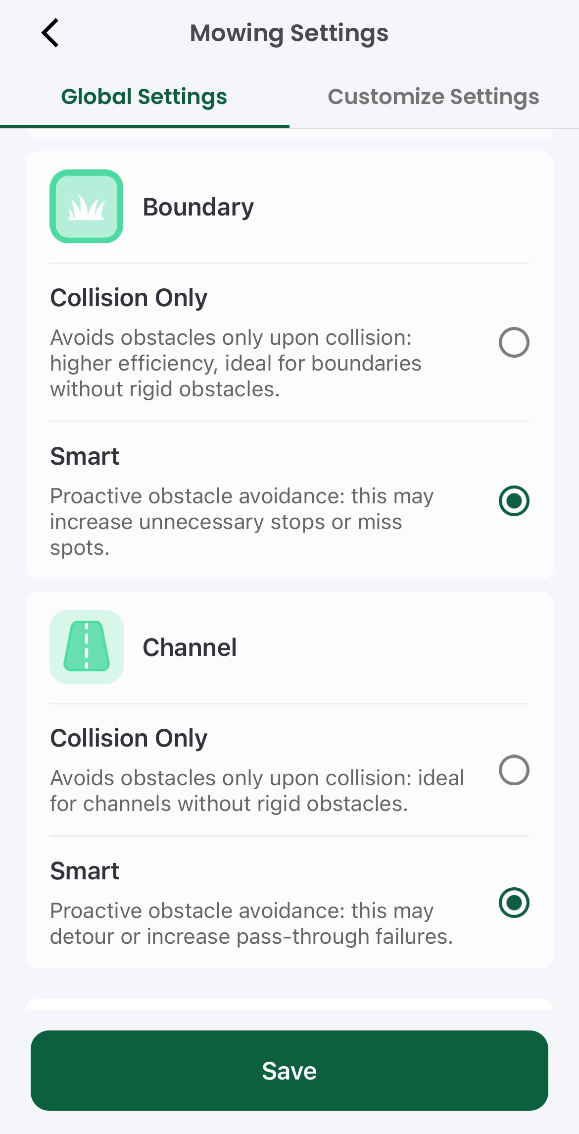 Global Settings - Boundary & Channel Obstacle Avoidance Settings